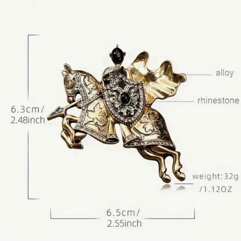Vintage Medieval Knight and Warhorse Brooch Pin with Rhinestone, Gold-Toned NWOT